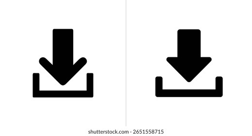 A imagem apresenta duas variações de um ícone de download uma seta grossa apontando para baixo em uma bandeja em um fundo branco, mínimo e ilustrativo, design claro.