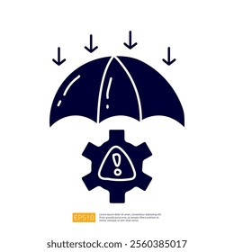 The image features an umbrella symbolizing protection over a gear with an exclamation mark, indicating a warning or alert related to maintenance or safety.