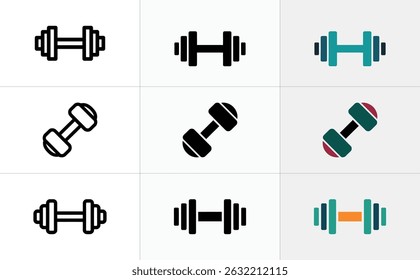 Image features various dumbbell icon designs in black and colorful style. Fitness, gym, and exercise. This illustration is on a white background.