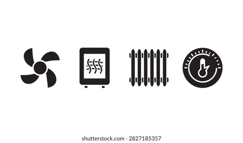 Image features various heating and cooling equipment such as a fan, thermostat, radiator, heater, and temperature gauge, showcasing climate control tools.