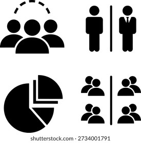 The image features various icons representing groups of people, individuals, and data analysis symbols such as pie charts. The icons are in black and white and depict different scenarios involving people and data.