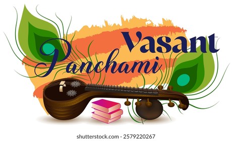 The image features a veena peacock feathers books and colorful brush strokesV asant Panchami is written in cursive symbolizing Saraswati knowledge and spring