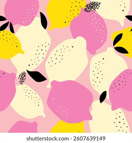 The image features a vibrant, abstract pattern of lemons and leaves on a pink background. The lemons are depicted in various shades of yellow, pink, and cream.