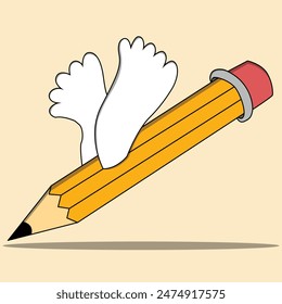 The image features a vibrant, cartoon-style illustration of a pencil with wings. The pencil, depicted in bright yellow with a red eraser, appears to be flying, suggesting a sense of creativity