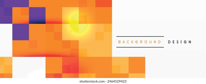 The image features a vibrant display of orange and purple squares set against a white background, creating a dynamic and colorful composition