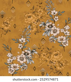 The image features a vibrant floral pattern dominated by yellow and blue colors. This design could be found on fabric, clothing, or as an artistic element