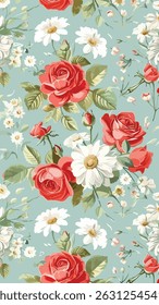 The image features a vibrant floral pattern that includes red roses and white daisies. This design could be used for fabric, clothing, or wrapping paper, showcasing a beautiful combination of flowers.