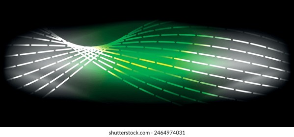 Das Bild verfügt über eine lebendige grün-weiß leuchtende Welle vor einem dunklen schwarzen Hintergrund, die einen fesselnden visuellen Effekt erzeugt