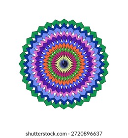 La Imagen presenta un diseño circular vibrante e intrincado, que recuerda a un mandala o un complejo estallido geométrico. Se compone de numerosas capas concéntricas de Formas irregulares, entrelazadas, creando una sensación de profundidad y movimiento. Se utiliza una rica paleta de colores, que incluyen tonos de verde, azul, azul claro, púrpura, rosa y naranja, todos convergiendo hacia un punto central con un patrón amarillo y azul oscuro. La disposición simétrica y los colores llamativos contribuyen a una composición visualmente estimulante y abstracta sobre un fondo blanco liso.
