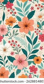 The image features a vibrant pattern of flowers and leaves. This design can be seen on clothing and fabric, showcasing a floral motif that adds an artistic touch. It may also be suitable for wrapping.