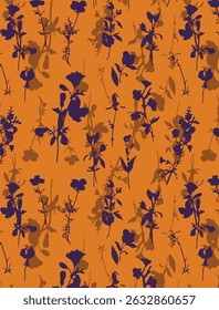A imagem apresenta um padrão vibrante de flores em um plano de fundo laranja. Esse design provavelmente aparece em roupas ou tecidos, realçado com acentos amarelos.