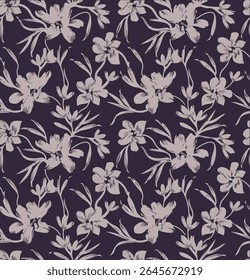 The image features a vibrant pattern of flowers set against a purple background. This floral motif can be associated with clothing and fabric designs, as well as wrapping paper.
