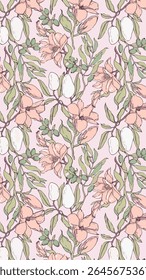 The image features a vibrant pattern of flowers and leaves, showcasing an intricate design that can be used in various applications. This floral motif is suitable for clothing or fabric.