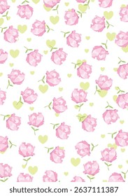 The image features a vibrant pattern of pink flowers paired with green leaves. This design could be seen on wrapping paper or fabric, incorporating shades of lilac as well.