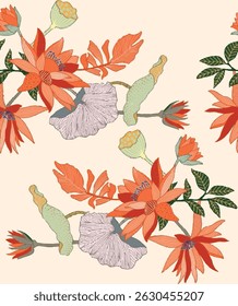 The image features a vivid pattern of flowers and leaves, showcasing intricate designs that may be part of a drawing or painting.