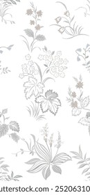 A imagem apresenta um fundo branco adornado com flores e borboletas em um estilo de desenho ou bordado. O design inclui padrões florais e elementos botânicos.