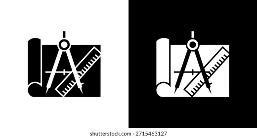 La Imagen presenta una brújula blanca, Regla y un elemento de diseño de rollo de papel, sobre un fondo negro. Icono gráfico simple y profesional.