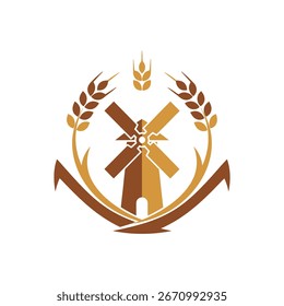 La Imagen cuenta con un molino de viento con trigo y un diseño curvo, que simboliza la agricultura y la producción de alimentos.