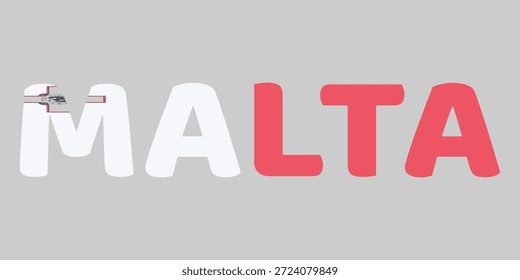 La Imagen presenta la palabra MALTA en una fuente redondeada en negrita sobre un fondo gris claro. Las letras M, A son blancas mientras que L, T, A son rojas, reflejando la bandera nacional. Un Pequeño emblema gris se encuentra en la parte superior izquierda de la primera letra.