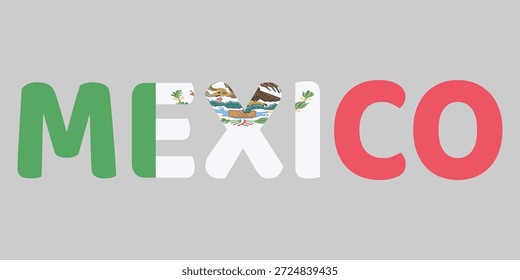 La Imagen presenta la palabra MÉXICO en una fuente redondeada en negrita sobre un fondo gris neutro. Las letras están rellenas con las franjas verdes, blancas y rojas de la Vertical nacional, incluido el escudo central. Esta tipografía creativa sirve como una representación vibrante y patriótica del país.