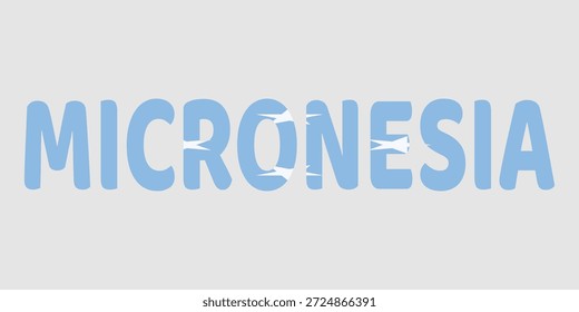 A imagem mostra a palavra MICRONÉSIA em uma fonte arredondada e em negrito sobre um fundo cinza claro. Cada letra é preenchida com uma cor azul clara, com quatro estrelas brancas da bandeira nacional. Esta tipografia criativa serve como um design gráfico limpo e patriótico para a nação insular do Pacífico.