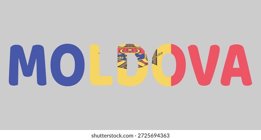 A imagem mostra a palavra MOLDOVA em negrito e fonte arredondada sobre fundo cinza claro. As letras são preenchidas com listras verticais azuis, amarelas e vermelhas da bandeira nacional, incluindo o brasão central. Esta tipografia criativa representa o país europeu através de um design gráfico moderno e patriótico.
