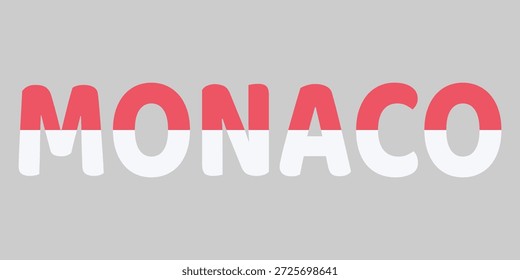 A imagem apresenta a palavra MÔNACO em negrito, fonte arredondada contra um fundo cinza claro. Cada letra é preenchida com listras horizontais vermelhas e brancas representando a bandeira nacional. Esta tipografia minimalista cria um design gráfico limpo e patriótico para o microestado europeu, adequado para viagens ou temas culturais.