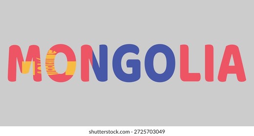 Das Bild zeigt das Wort MONGOLIA in einer fetten, abgerundeten Schriftart auf hellgrauem Hintergrund. Die Buchstaben sind mit roten, blauen vertikalen Streifen gefüllt, die die Nationalflagge darstellen, einschließlich des gelben Soyombo-Symbols auf der linken Seite. Diese kreative Typografie dient als moderne, patriotische Grafik für das Land.