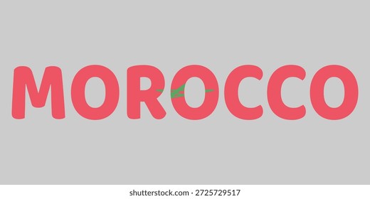 La Imagen presenta la palabra MARRUECOS en una fuente redondeada en negrita sobre un fondo gris claro. Cada letra está llena de un color rojo sólido, con la estrella verde de cinco puntas de la bandera nacional en el centro. Esta tipografía minimalista sirve como un Diseño gráfico limpio y patriótico para el país.