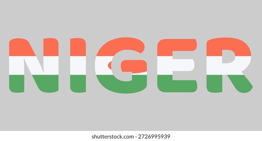 La Imagen presenta la palabra NÍGER en una fuente redondeada en negrita sobre un fondo gris claro. Cada letra está rellenada con las franjas Horizontales naranjas, blancas y verdes de la bandera nacional. Esta tipografía creativa sirve como un Diseño gráfico limpio y patriótico para la nación de África Occidental.