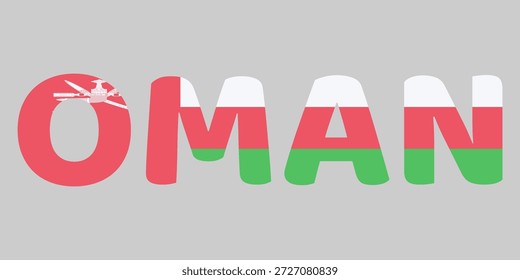 La Imagen presenta la palabra OMÁN en una fuente redondeada en negrita sobre un fondo gris claro. Cada letra está llena de los colores blanco, rojo y verde de la bandera nacional, incluido el emblema tradicional de la daga khanjar. Esta tipografía creativa sirve como un Diseño gráfico limpio y patriótico para el país.