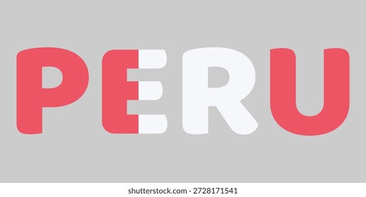Das Bild zeigt das Wort PERU in einer fetten, abgerundeten Schriftart auf hellgrauem Hintergrund. Jeder Buchstabe ist mit den roten, weißen vertikalen Streifen der Nationalflagge ausgefüllt. Diese kreative Typografie dient als sauberes, patriotisches Grafikdesign für das südamerikanische Land.
