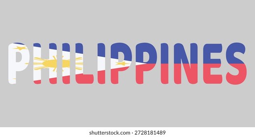 La Imagen presenta la palabra PHILIPPINES en una fuente audaz y redondeada sobre un fondo gris claro. Cada letra está llena de los colores blanco, azul y rojo de la bandera nacional, incluido el sol dorado, tres estrellas. Esta tipografía creativa sirve como un Diseño gráfico limpio y patriótico para el país.