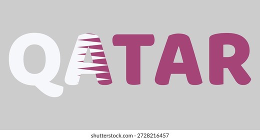 La Imagen presenta la palabra QATAR en una fuente redondeada en negrita sobre un fondo gris claro. Cada letra está llena con los colores marrón y blanco de la bandera nacional, incluido el borde de nueve puntos dentado. Esta tipografía creativa sirve como un Diseño gráfico limpio y patriótico para el país.