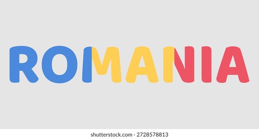 The image features the word ROMANIA in a bold, rounded font against a light gray background. Each letter is filled with the blue, yellow, red vertical stripes of the national flag. This creative typography serves as a clean, patriotic graphic design for the European country.