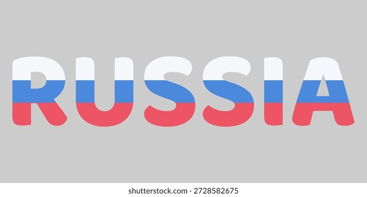 La Imagen presenta la palabra RUSIA en una fuente redondeada en negrita sobre un fondo gris claro. Cada letra está rellenada con las franjas Horizontales blancas, azules y rojas de la bandera nacional. Esta tipografía creativa sirve como un Diseño gráfico limpio y patriótico para el país.