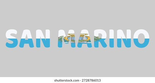 Das Bild zeigt das Wort SAN MARINO in einer fetten, abgerundeten Schriftart auf hellgrauem Hintergrund. Jeder Buchstabe ist mit den weißen, hellblauen horizontalen Streifen der Nationalflagge gefüllt, einschließlich des offiziellen Wappens, das zwischen den Wörtern zentriert ist. Diese kreative Typografie dient als sauberes, patriotisches Grafikdesign für das Land.