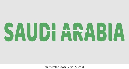 La Imagen presenta la palabra ARABIA SAUDITA en una fuente audaz y redondeada sobre un fondo gris claro. Cada letra está llena con el color verde de la bandera nacional, incluido el emblema de la espada blanca. Esta tipografía creativa sirve como un Diseño gráfico limpio y patriótico para el país.