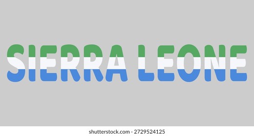 Das Bild zeigt das Wort SIERRA LEONE in einer fetten, abgerundeten Schriftart auf hellgrauem Hintergrund. Jeder Buchstabe ist mit den grünen, weißen, hellblauen horizontalen Streifen der Nationalflagge gefüllt. Diese kreative Typografie dient als sauberes, patriotisches Grafikdesign für das Land.