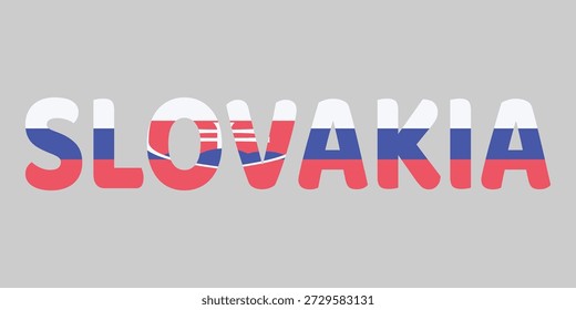 The image features the word SLOVAKIA in a bold, rounded font against a light gray background. Each letter is filled with the white, blue, red horizontal stripes of the national flag, including the coat of arms emblem. This creative typography serves as a clean, patriotic graphic design for the country.