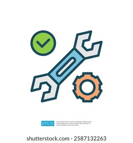 The image features a wrench symbol alongside a gear and a checkmark, representing tools, mechanics, and successful completion of tasks.