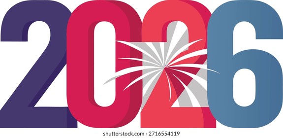 The image features the year '2026' prominently displayed in large, colorful digits. The number '2' is in a deep purple color, the '0' is in a vibrant red, and the '6' is in a cool blue. Between the '0' and the '6', there is a white firework design, symbolizing celebration and festivity. The overall design suggests a festive or celebratory theme related to the year 2026.