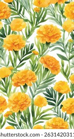 The image features yellow flowers accompanied by green leaves. These flowers may belong to the marigold family, which are known for their vibrant colors and annual growth.