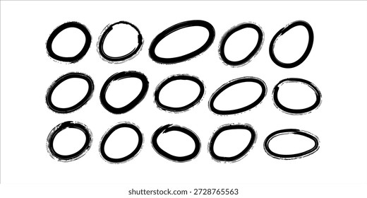 An image featuring 15 black brush stroke circles of varying sizes and shapes arranged in three rows on a plain white background
