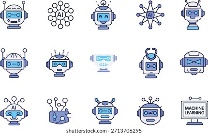 An image featuring 18 unique blue and black robot icons with varied designs, antennae, and screens on a clean white background.