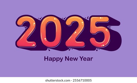 An image featuring 2025 in bold glossy orange and red 3D style numbers with Happy New Year below in a simple font set against a light purple background