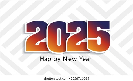 An image featuring 2025 in bold glossy 3D style numbers in orange blue and purple with Happy New Year below in a simple font set against a white geometric patterned background