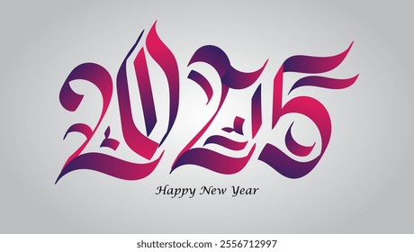 An image featuring 2025 in a fancy decorative font with pink purple and red gradient swirls Happy New Year below in a simple font on a light gray background