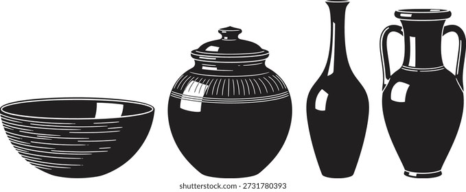 Uma imagem com uma tigela, urna e dois vasos seguidos