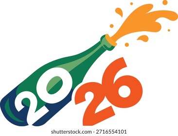 Una Imagen con una botella de champán con el año 2026 en un lugar destacado. La botella se muestra en el acto de abrirse, con espuma de naranja estallando, simbolizando la celebración y la anticipación de un nuevo año.